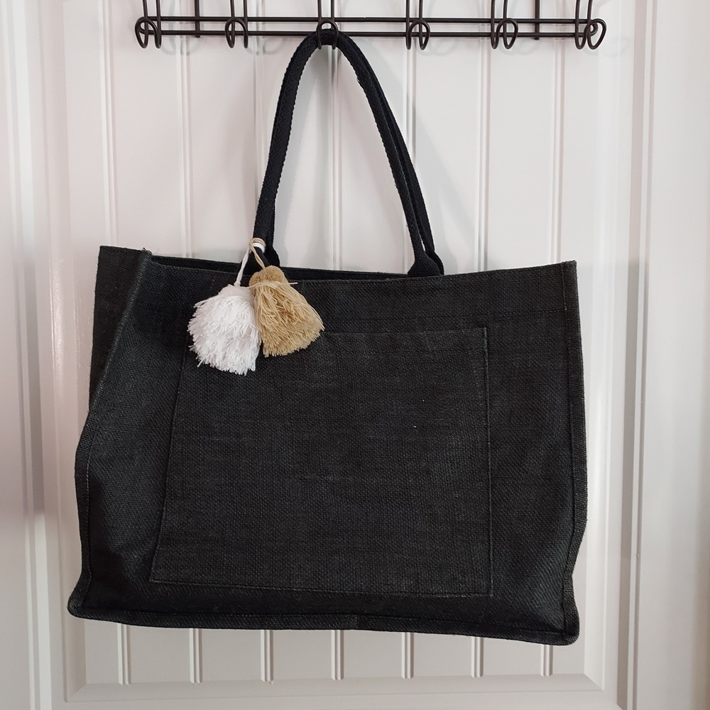 Mud Pie Black Jute Tote Bag Large Everyday Shopper Tassel Charm Beach Market